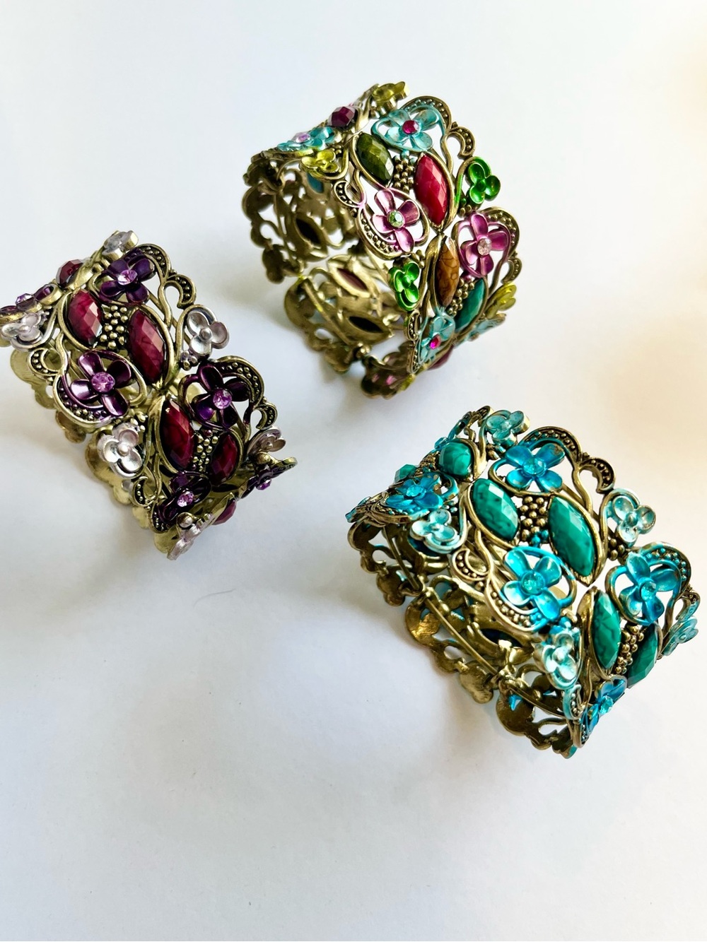 Set of 3 Vintage-Style Turquoise and assorted Floral Cuff Bracelet